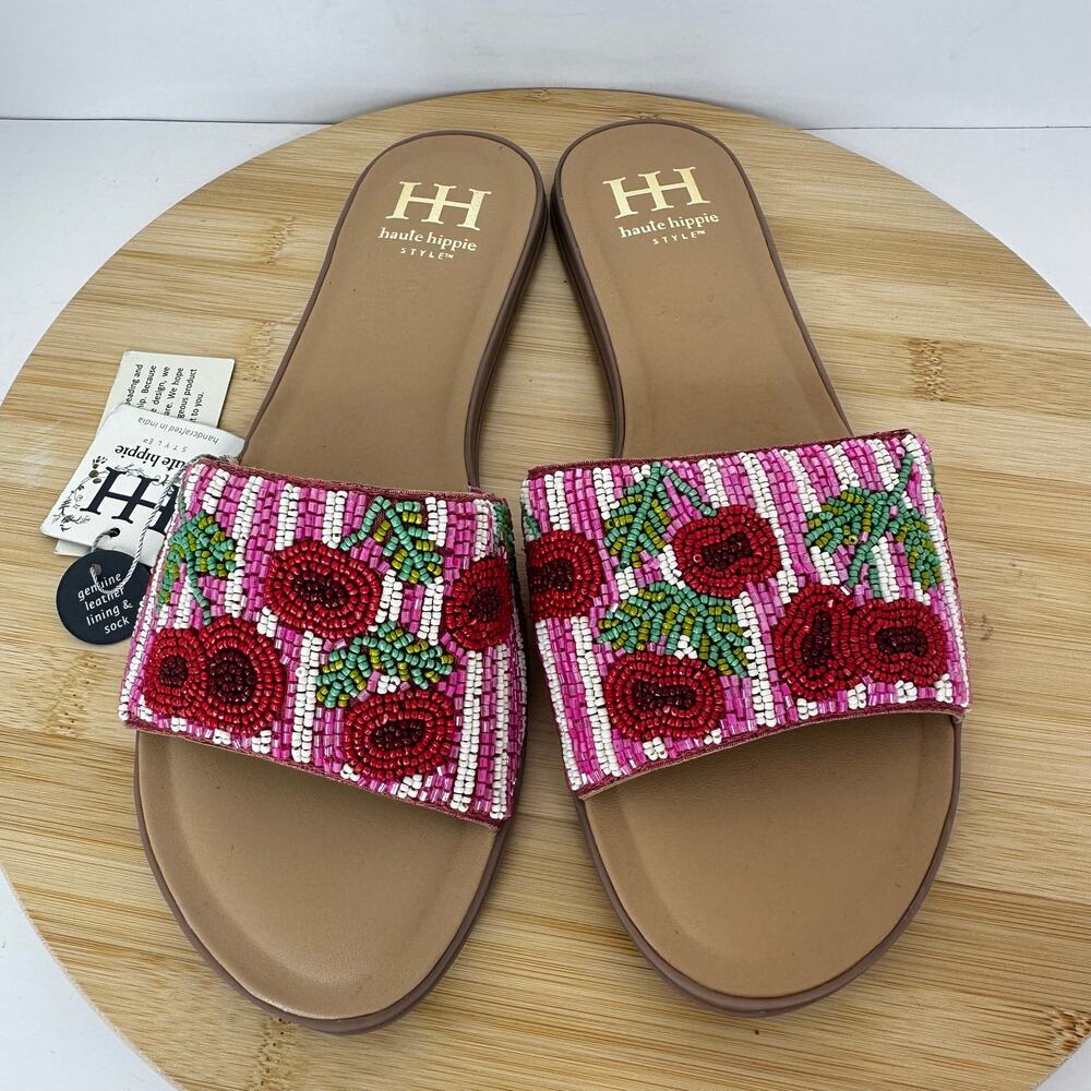 Haute Hippie Beaded Cherry Stripe Slide Sandals Pink Red Slip On Size 8.5 NEW - Picture 2 of 7